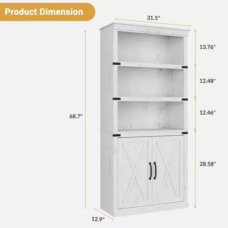Libreria a 5 Ripiani con Ante, Bianco Antico / Nero / Rovere Scuro / Grigio – Stile Rustico