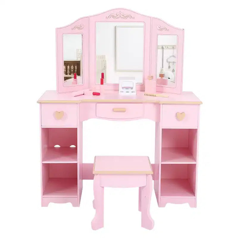 Set Toeletta Rosa per Bambini con Specchio a Tre Ante e Sgabello – 1 Bambino