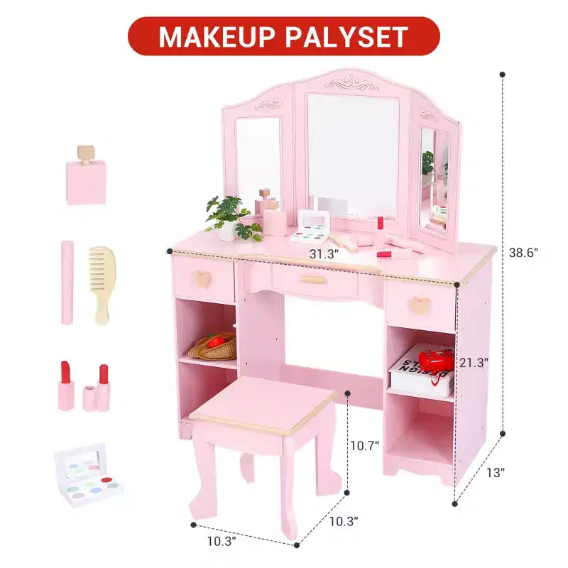 Set Toeletta Rosa per Bambini con Specchio a Tre Ante e Sgabello – 1 Bambino