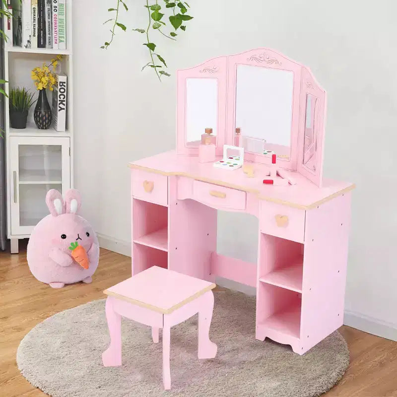 Set Toeletta Rosa per Bambini con Specchio a Tre Ante e Sgabello – 1 Bambino