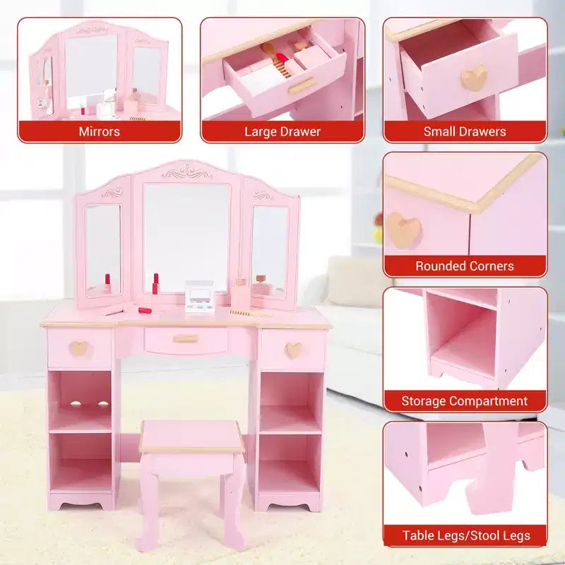 Set Toeletta Rosa per Bambini con Specchio a Tre Ante e Sgabello – 1 Bambino