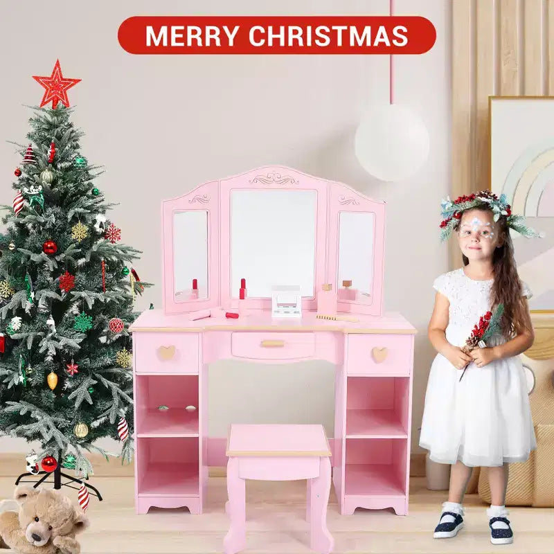 Set Toeletta Rosa per Bambini con Specchio a Tre Ante e Sgabello – 1 Bambino