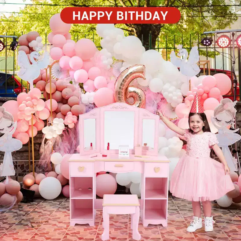 Set Toeletta Rosa per Bambini con Specchio a Tre Ante e Sgabello – 1 Bambino