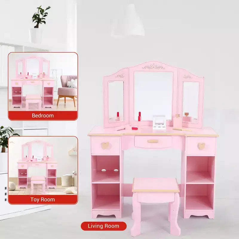 Set Toeletta Rosa per Bambini con Specchio a Tre Ante e Sgabello – 1 Bambino