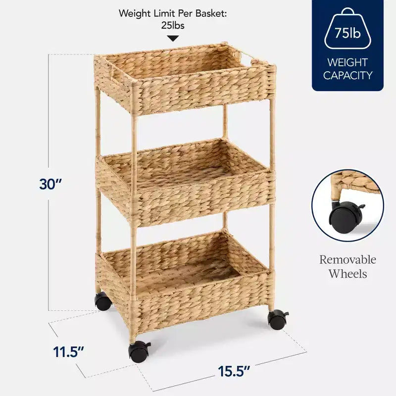 Carrello di stoccaggio su ruote a 3 ripiani in giacinto d'acqua – Castagno / Naturale, Utente singolo