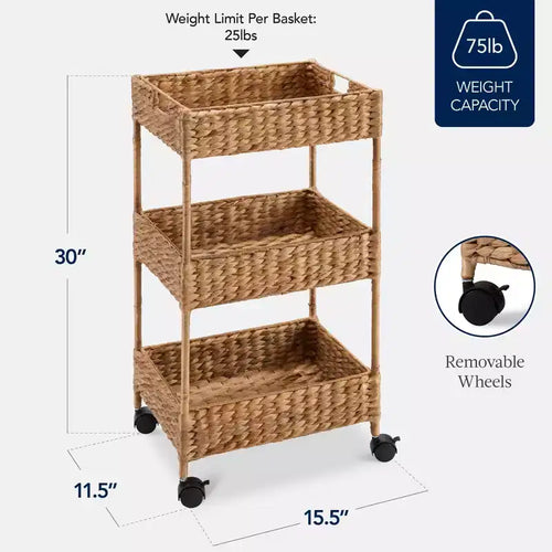Carrello di stoccaggio su ruote a 3 ripiani in giacinto d'acqua – Castagno / Naturale, Utente singolo
