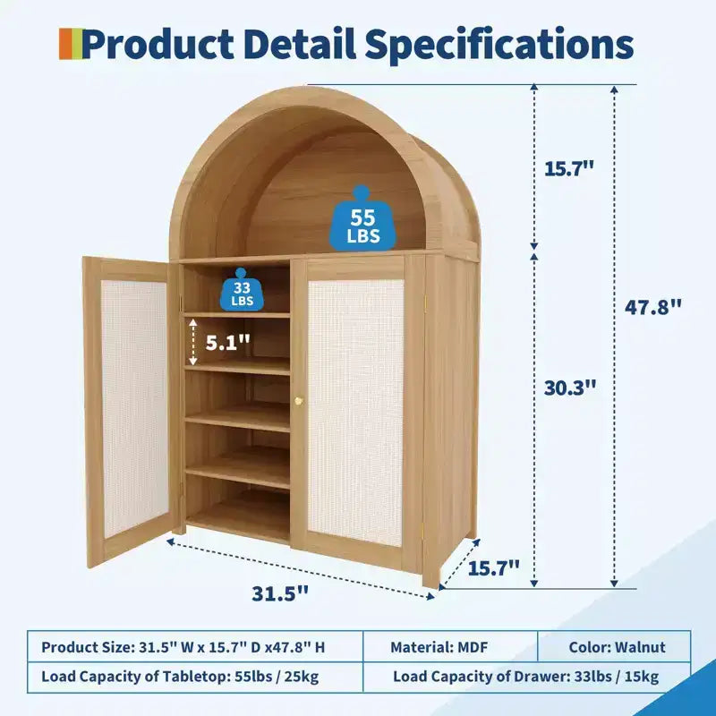 Scarpiere in Legno Naturale a 5 Ripiani con Ante ad Arco in Rattan – Fino a 15 Paia