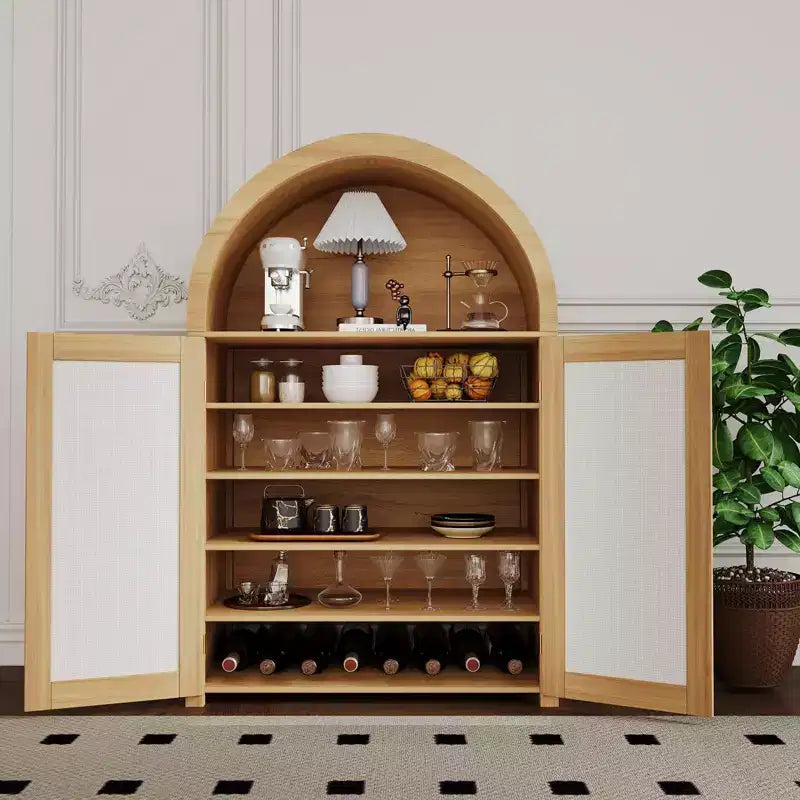 Scarpiere in Legno Naturale a 5 Ripiani con Ante ad Arco in Rattan – Fino a 15 Paia