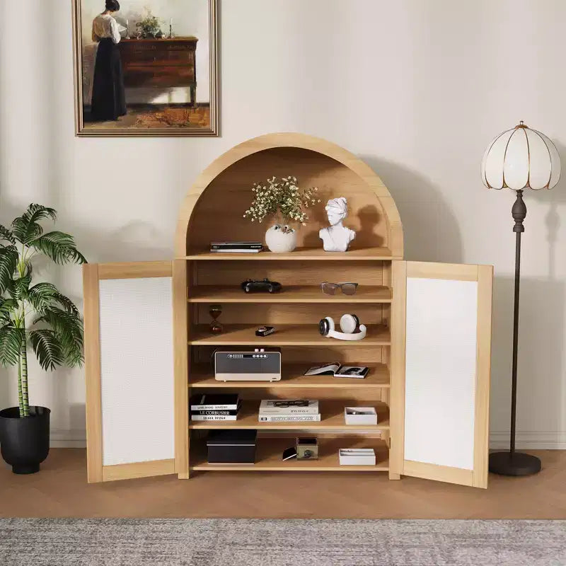 Scarpiere in Legno Naturale a 5 Ripiani con Ante ad Arco in Rattan – Fino a 15 Paia