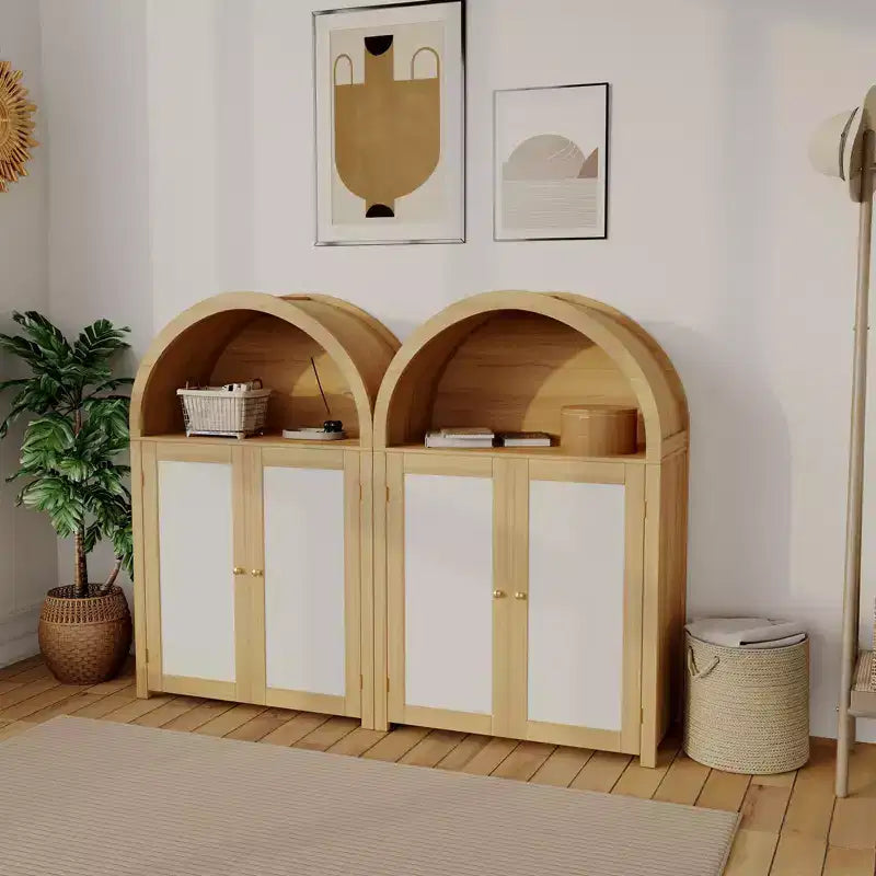 Scarpiere in Legno Naturale a 5 Ripiani con Ante ad Arco in Rattan – Fino a 15 Paia