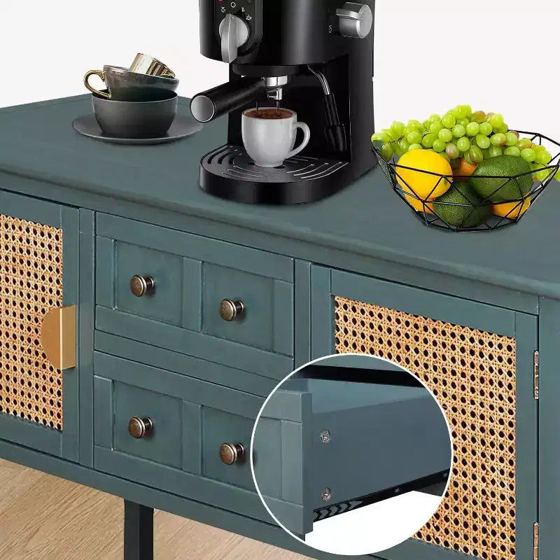 Consolle in rattan verde con 2 cassetti e armadietto, montaggio per 1 persona