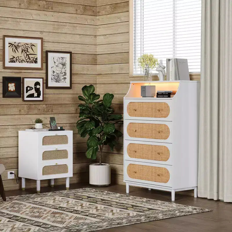Cassettiera bianca a 4 cassetti con frontali in rattan e luci RGB, 30"W