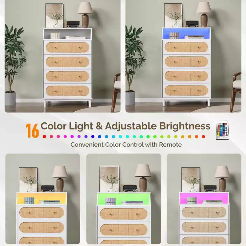 Cassettiera bianca a 4 cassetti con frontali in rattan e luci RGB, 30"W