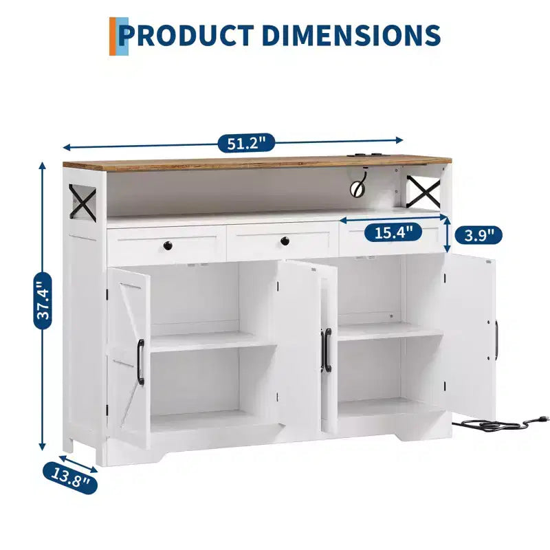Mobile Credenza da Cucina, Nero/Bianco, 3 Cassetti e 4 Ante Scorrevoli Stile Fienile, 130 cm, con Stazione di Ricarica