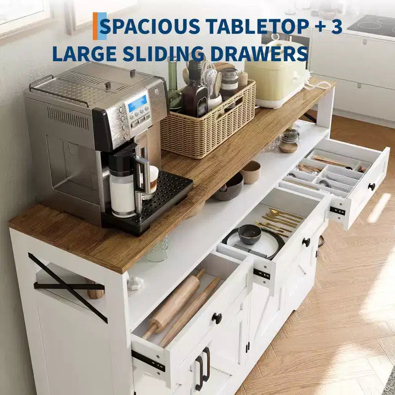 Mobile Credenza da Cucina, Nero/Bianco, 3 Cassetti e 4 Ante Scorrevoli Stile Fienile, 130 cm, con Stazione di Ricarica