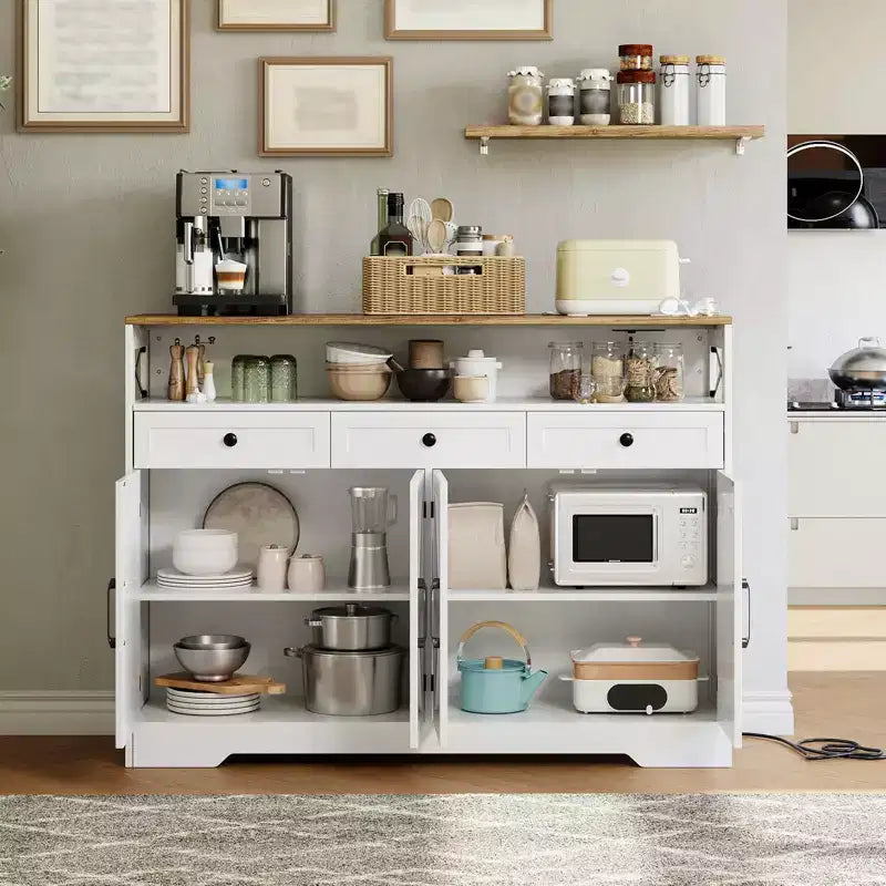 Mobile Credenza da Cucina, Nero/Bianco, 3 Cassetti e 4 Ante Scorrevoli Stile Fienile, 130 cm, con Stazione di Ricarica