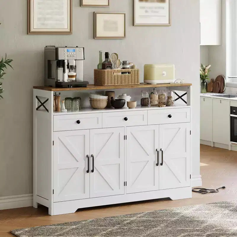 Mobile Credenza da Cucina, Nero/Bianco, 3 Cassetti e 4 Ante Scorrevoli Stile Fienile, 130 cm, con Stazione di Ricarica