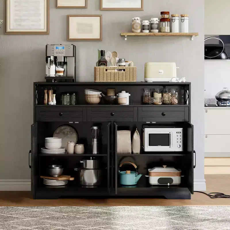 Mobile Credenza da Cucina, Nero/Bianco, 3 Cassetti e 4 Ante Scorrevoli Stile Fienile, 130 cm, con Stazione di Ricarica