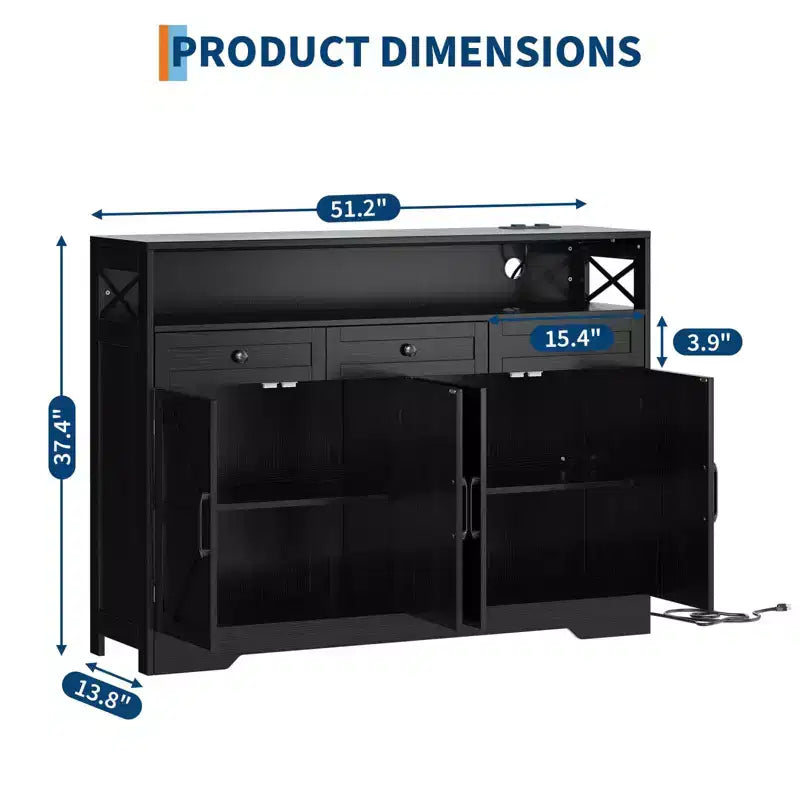 Mobile Credenza da Cucina, Nero/Bianco, 3 Cassetti e 4 Ante Scorrevoli Stile Fienile, 130 cm, con Stazione di Ricarica