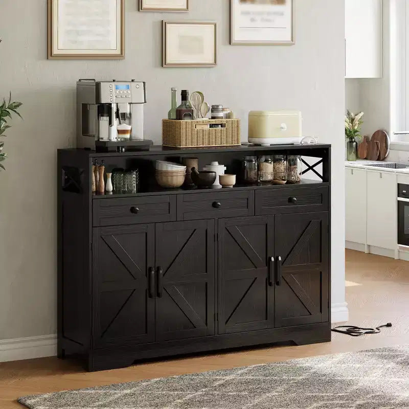 Mobile Credenza da Cucina, Nero/Bianco, 3 Cassetti e 4 Ante Scorrevoli Stile Fienile, 130 cm, con Stazione di Ricarica