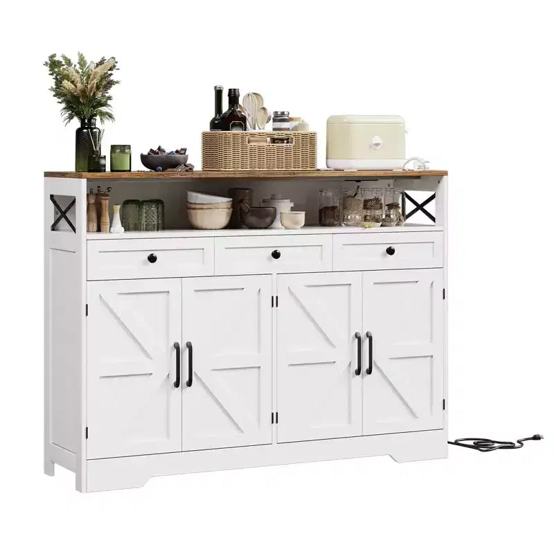 Mobile Credenza da Cucina, Nero/Bianco, 3 Cassetti e 4 Ante Scorrevoli Stile Fienile, 130 cm, con Stazione di Ricarica