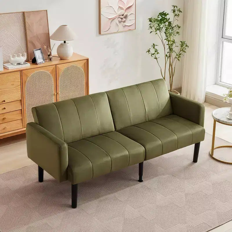 Divano Futon Convertibile Mid-Century da 75'', Marrone/Verde/Grigio, Lino e PU, 2 Posti