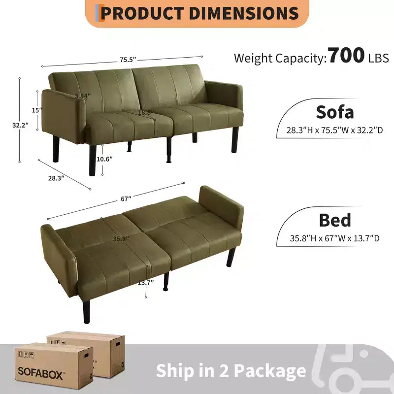 Divano Futon Convertibile Mid-Century da 75'', Marrone/Verde/Grigio, Lino e PU, 2 Posti