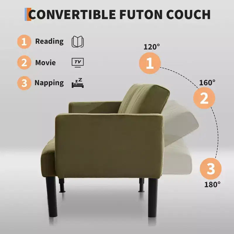 Divano Futon Convertibile Mid-Century da 75'', Marrone/Verde/Grigio, Lino e PU, 2 Posti
