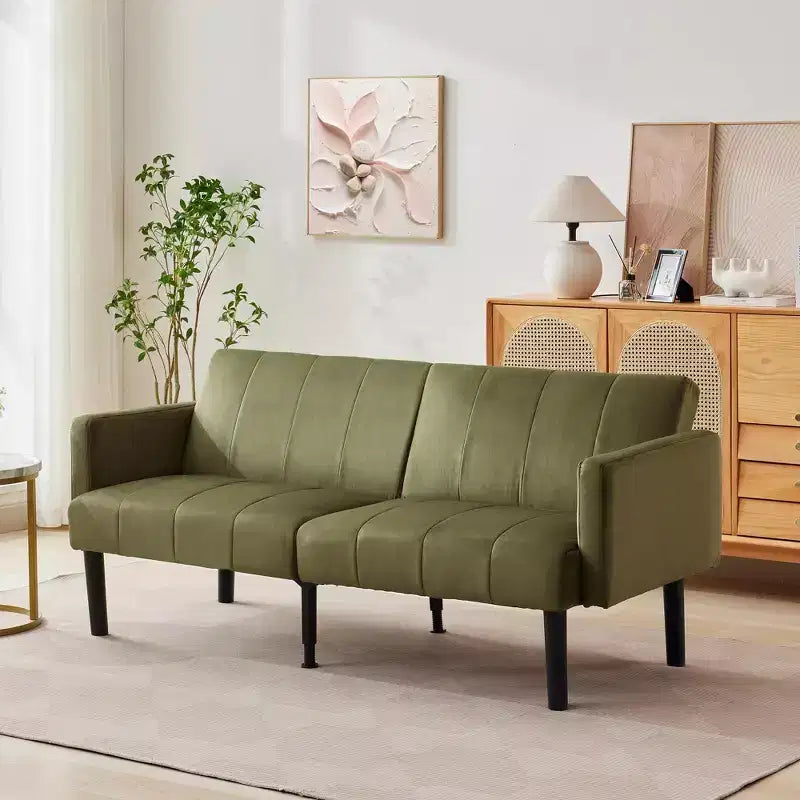 Divano Futon Convertibile Mid-Century da 75'', Marrone/Verde/Grigio, Lino e PU, 2 Posti