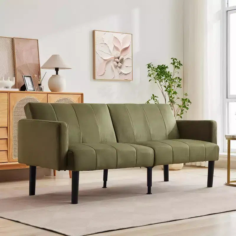 Divano Futon Convertibile Mid-Century da 75'', Marrone/Verde/Grigio, Lino e PU, 2 Posti