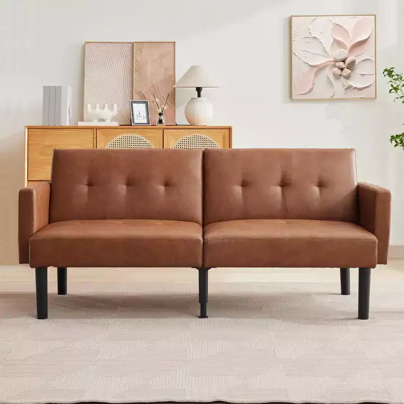 Divano Futon Convertibile Mid-Century da 75'', Marrone/Verde/Grigio, Lino e PU, 2 Posti