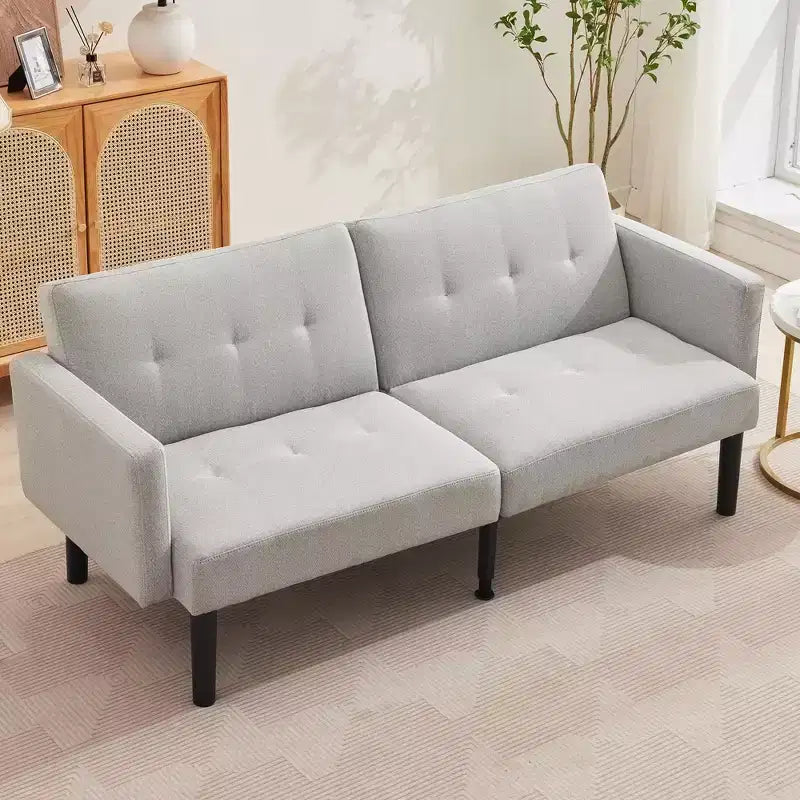 Divano Futon Convertibile Mid-Century da 75'', Marrone/Verde/Grigio, Lino e PU, 2 Posti