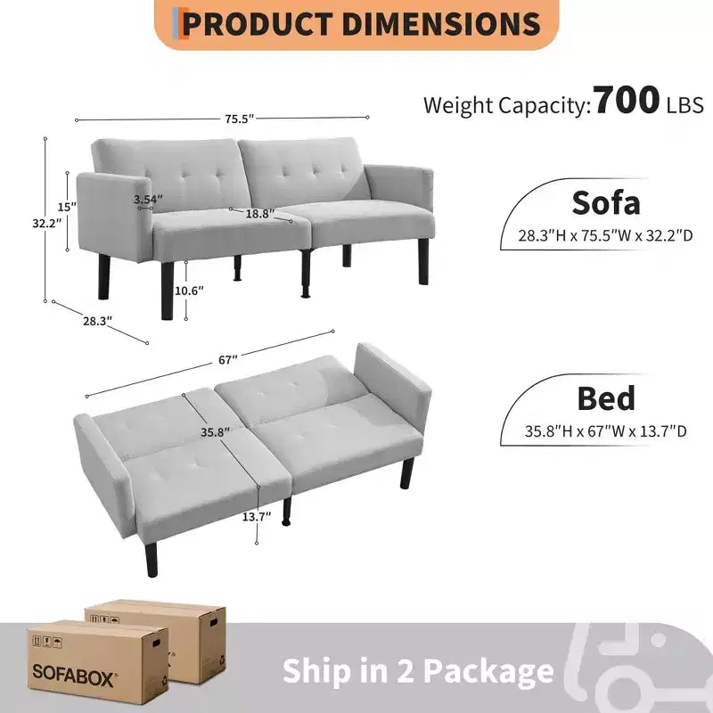 Divano Futon Convertibile Mid-Century da 75'', Marrone/Verde/Grigio, Lino e PU, 2 Posti