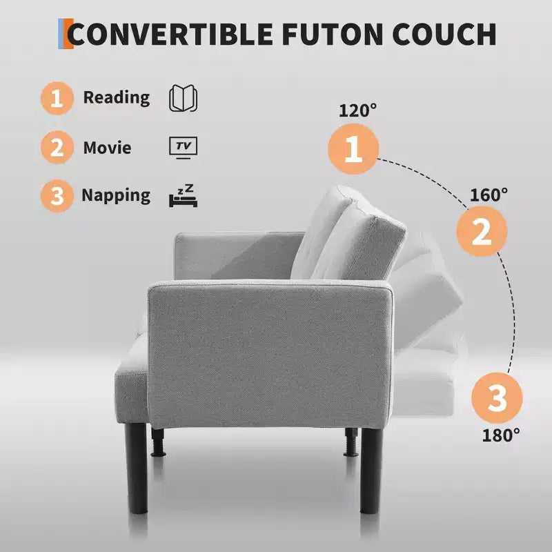 Divano Futon Convertibile Mid-Century da 75'', Marrone/Verde/Grigio, Lino e PU, 2 Posti