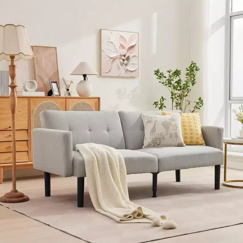 Divano Futon Convertibile Mid-Century da 75'', Marrone/Verde/Grigio, Lino e PU, 2 Posti