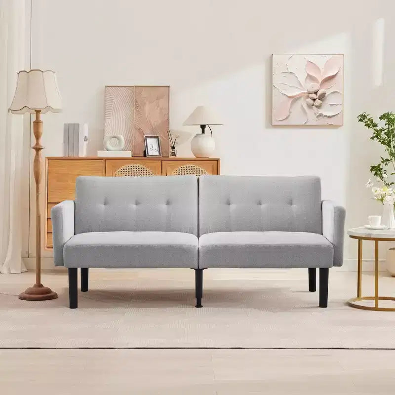 Divano Futon Convertibile Mid-Century da 75'', Marrone/Verde/Grigio, Lino e PU, 2 Posti