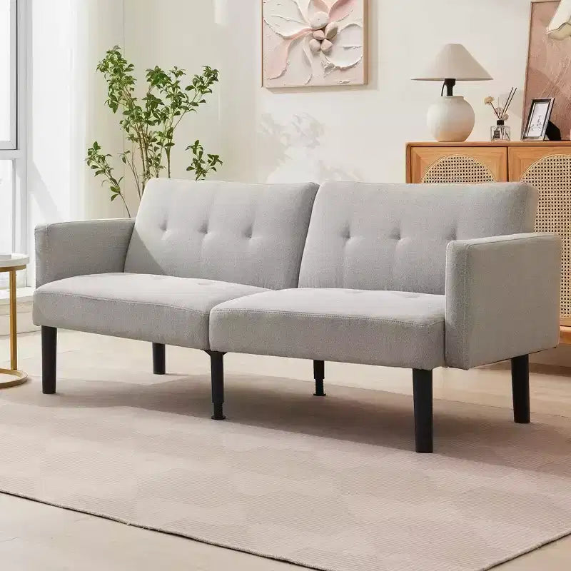 Divano Futon Convertibile Mid-Century da 75'', Marrone/Verde/Grigio, Lino e PU, 2 Posti