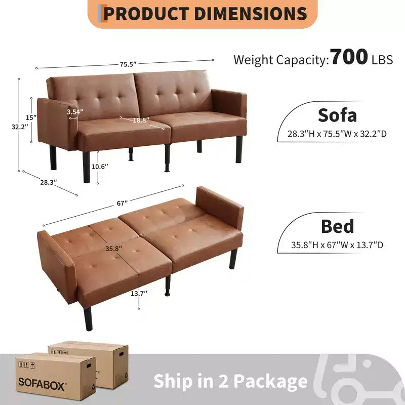 Divano Futon Convertibile Mid-Century da 75'', Marrone/Verde/Grigio, Lino e PU, 2 Posti