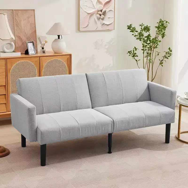 Divano Futon Convertibile Mid-Century da 75'', Marrone/Verde/Grigio, Lino e PU, 2 Posti