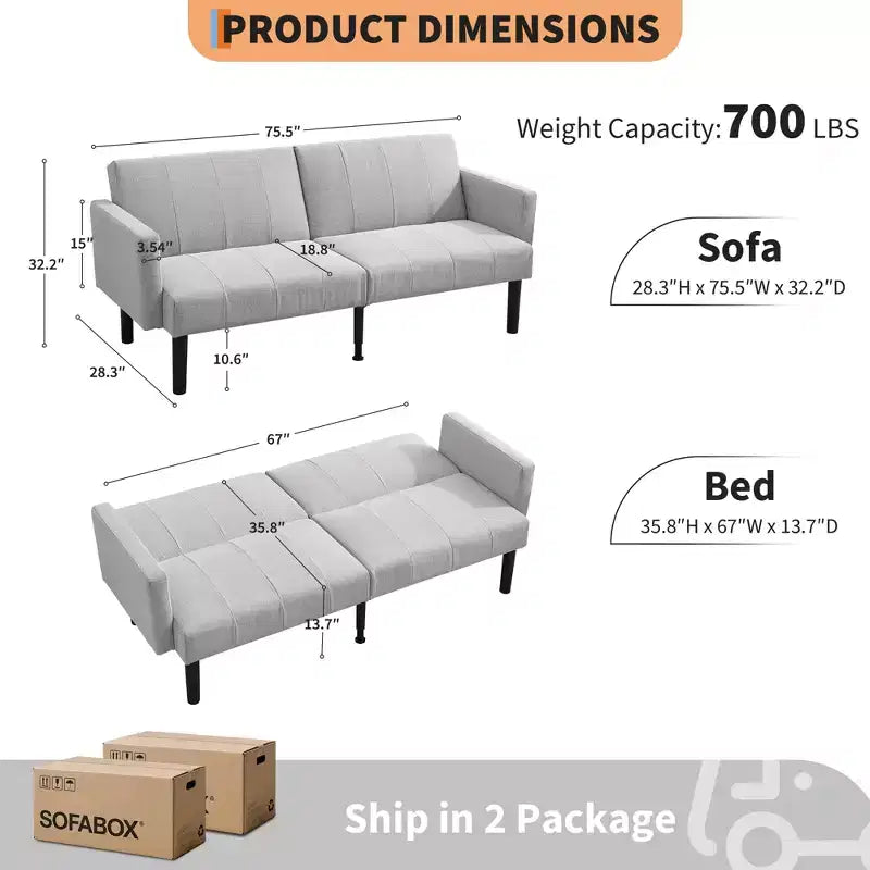 Divano Futon Convertibile Mid-Century da 75'', Marrone/Verde/Grigio, Lino e PU, 2 Posti