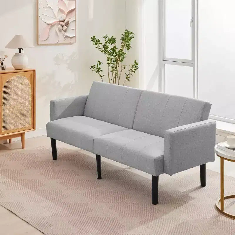 Divano Futon Convertibile Mid-Century da 75'', Marrone/Verde/Grigio, Lino e PU, 2 Posti