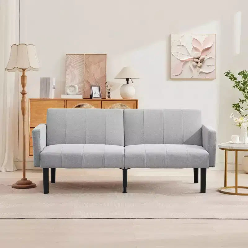 Divano Futon Convertibile Mid-Century da 75'', Marrone/Verde/Grigio, Lino e PU, 2 Posti