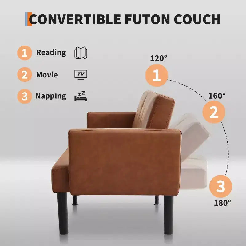 Divano Futon Convertibile Mid-Century da 75'', Marrone/Verde/Grigio, Lino e PU, 2 Posti