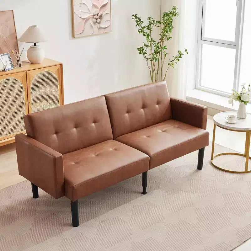 Divano Futon Convertibile Mid-Century da 75'', Marrone/Verde/Grigio, Lino e PU, 2 Posti