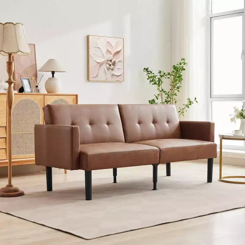 Divano Futon Convertibile Mid-Century da 75'', Marrone/Verde/Grigio, Lino e PU, 2 Posti