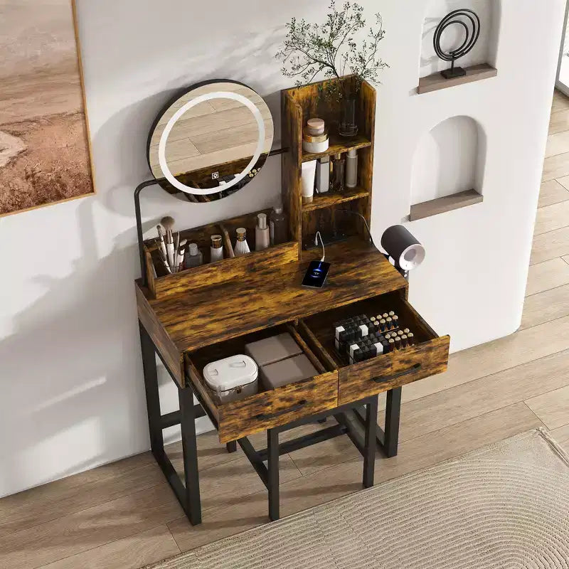 Set di specchiera rustica con specchio LED, marrone, 1 posto, 2 pezzi