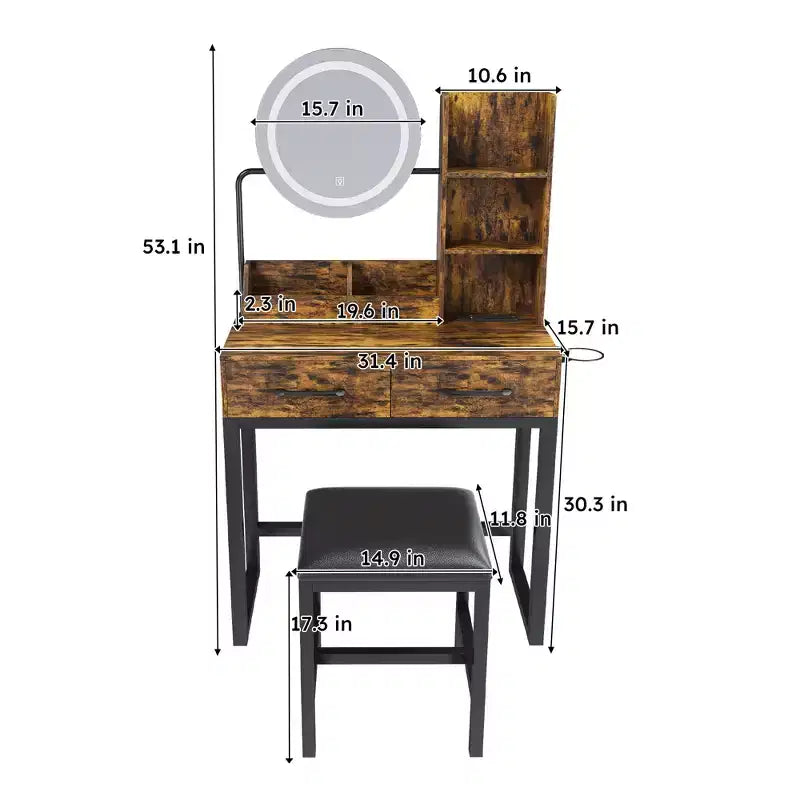 Set di specchiera rustica con specchio LED, marrone, 1 posto, 2 pezzi