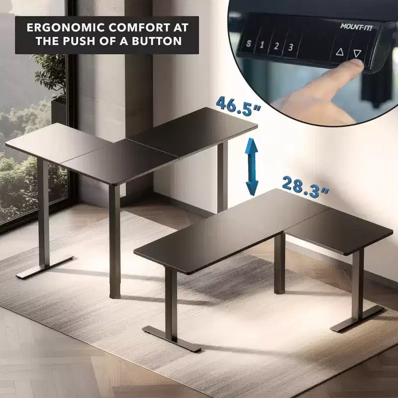 Scrivania elettrica a L, taglia XL, con altezza regolabile, telaio e piano neri, per 1 persona