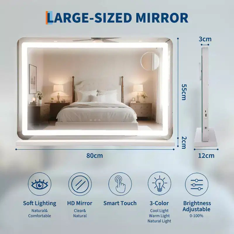 Specchio da trucco a LED color argento, da tavolo, per 1 persona – 30x20 cm, ingrandimento 10x, 3 modalità dimmerabili, controllo touch