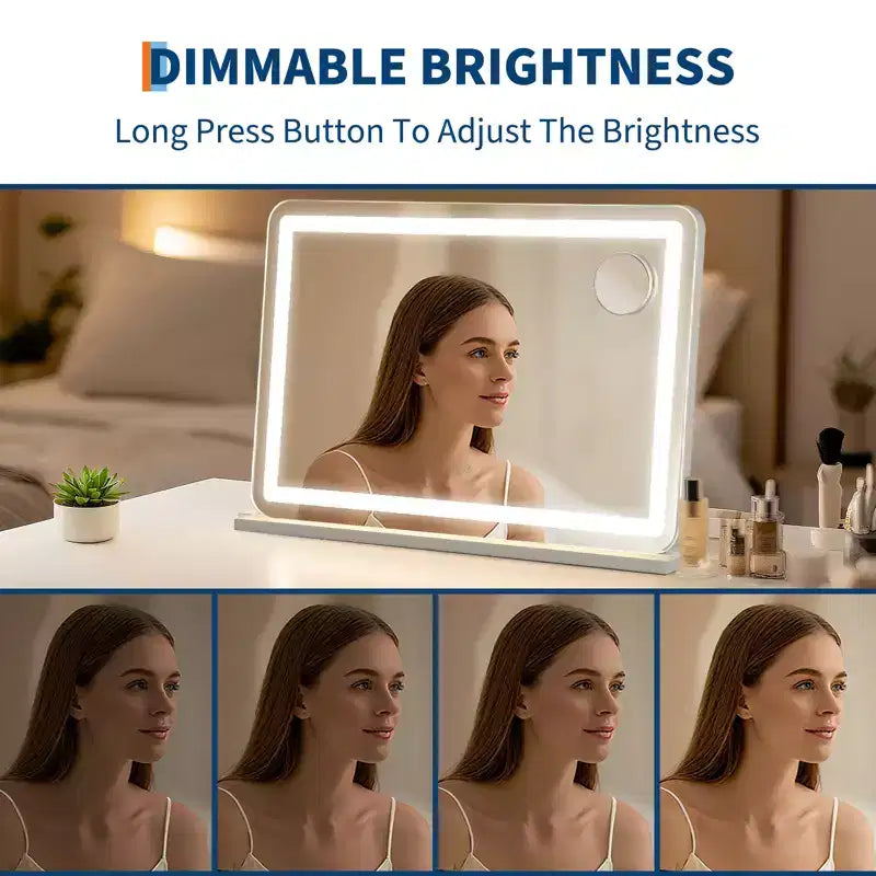 Specchio da trucco a LED color argento, da tavolo, per 1 persona – 30x20 cm, ingrandimento 10x, 3 modalità dimmerabili, controllo touch